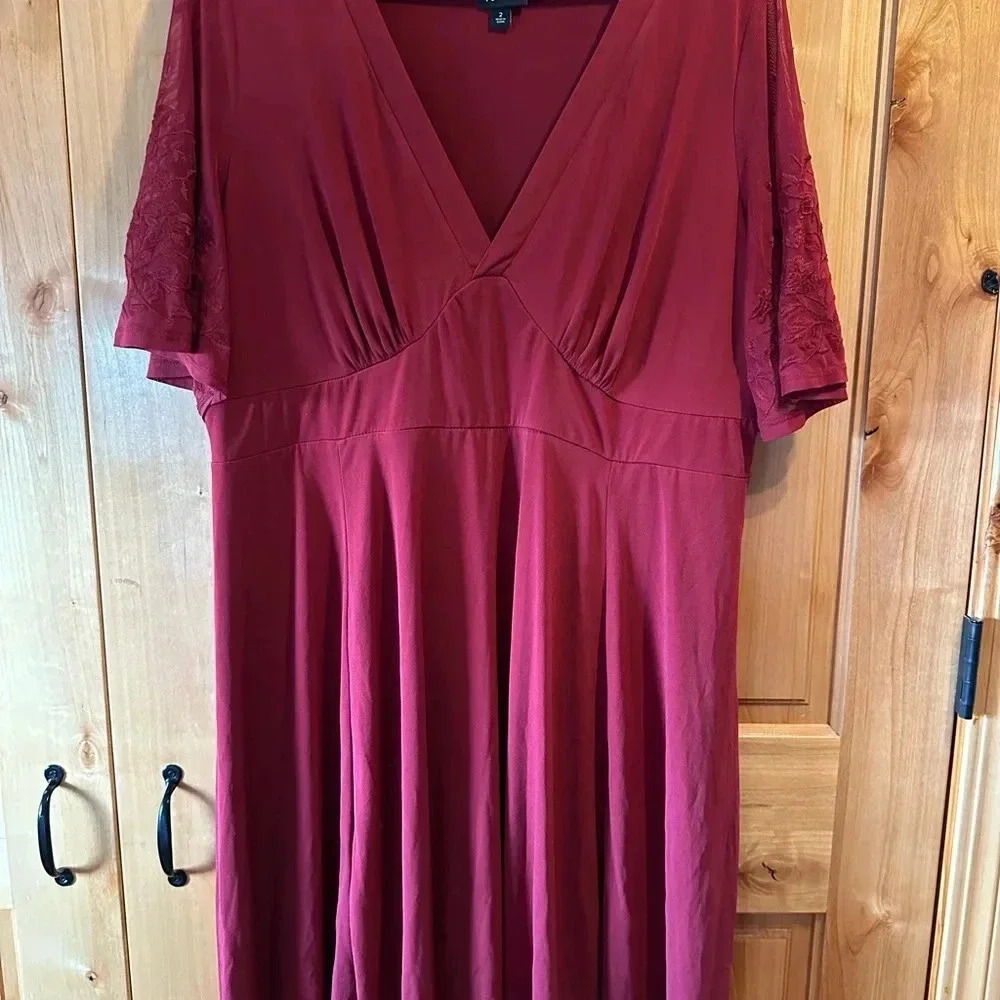 Torrid | Red Lace Sleeve Studio Knit Skater Dress | 2X - Picture 3 of 11